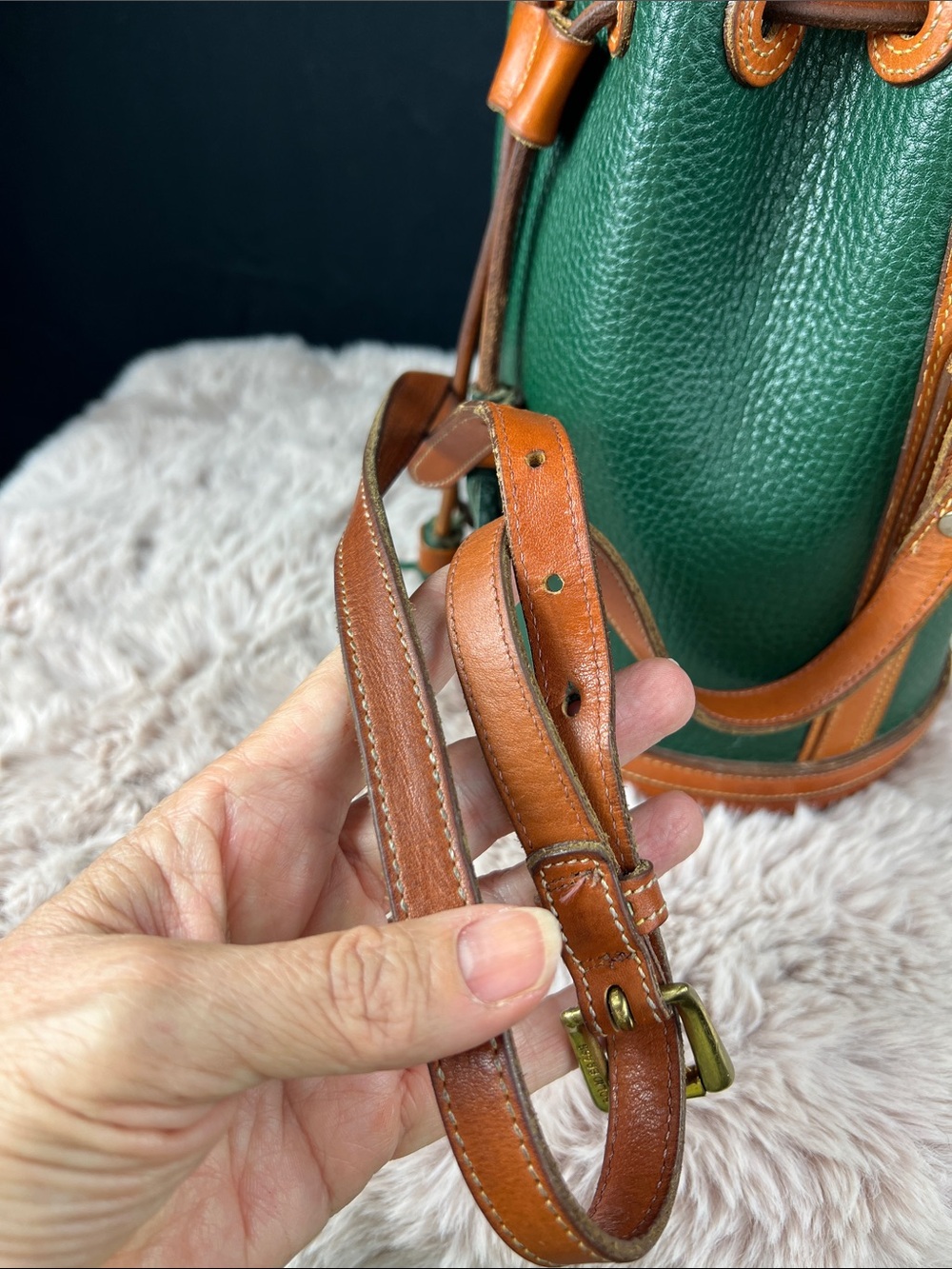 Dooney & Bourke Green and Brown Pebbled Leather Drawstring Crossbody Bag - Picture 11 of 12